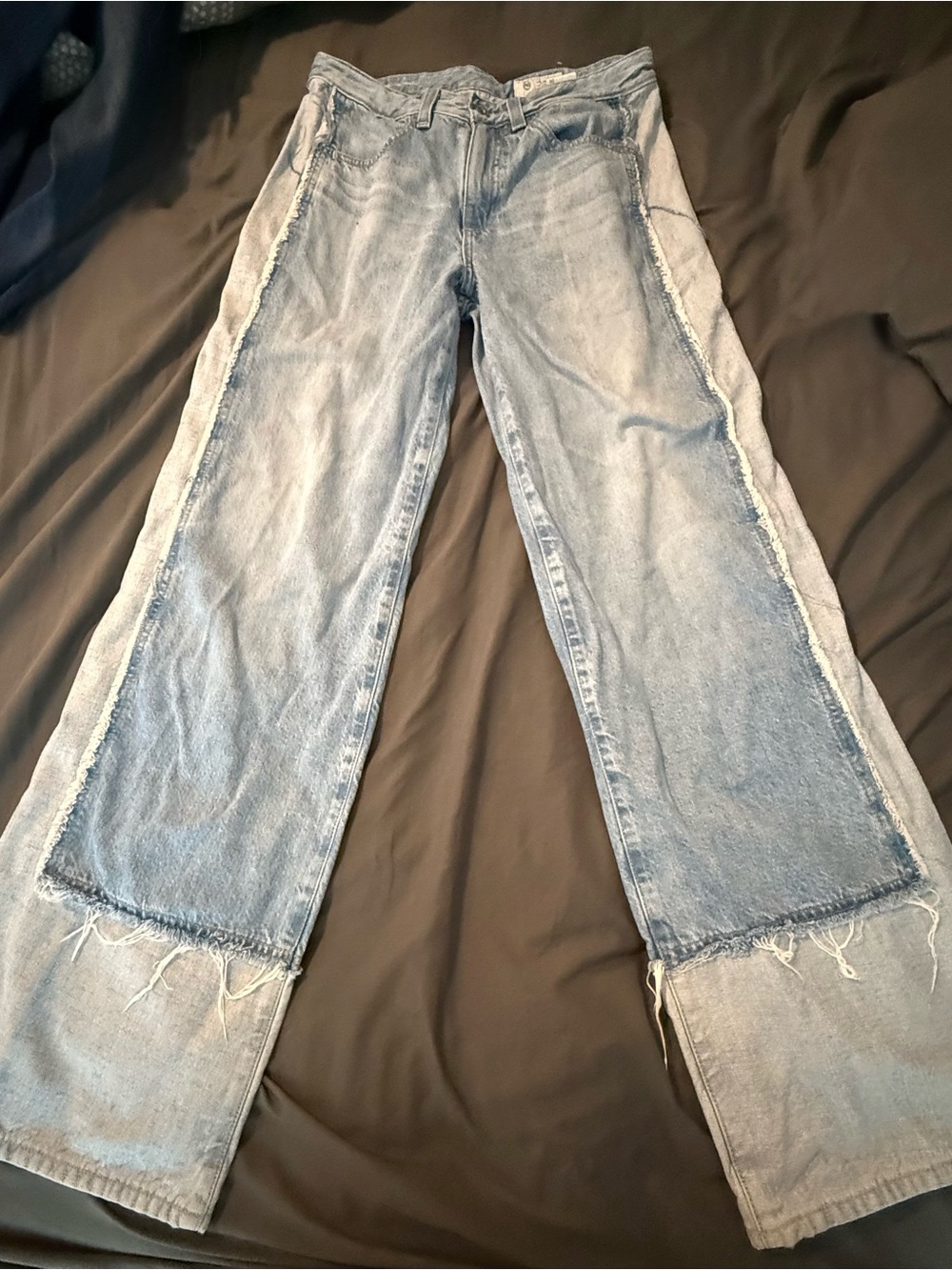 Agolde Light Blue Two-Tone Wide Leg Jeans with Frayed Panels size 26